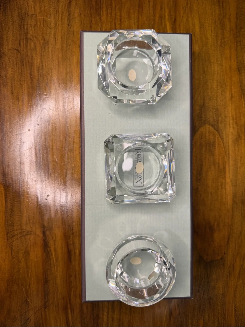 Restoration Hardware Crystal Square Teal Box with Clear Glass Candle Holders